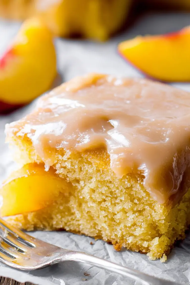 Slice of brown sugar peach cake with fresh peaches and caramel drizzle on a wooden table.