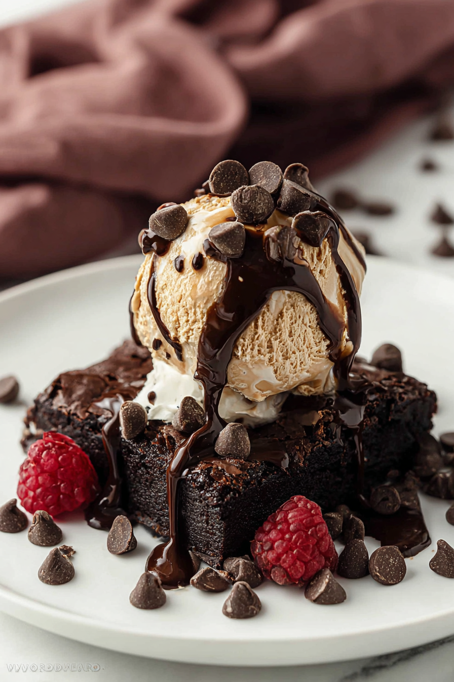 Delicious brownie sundae with coffee chip ice cream, chocolate sauce, and mini chocolate chips in a glass bowl.