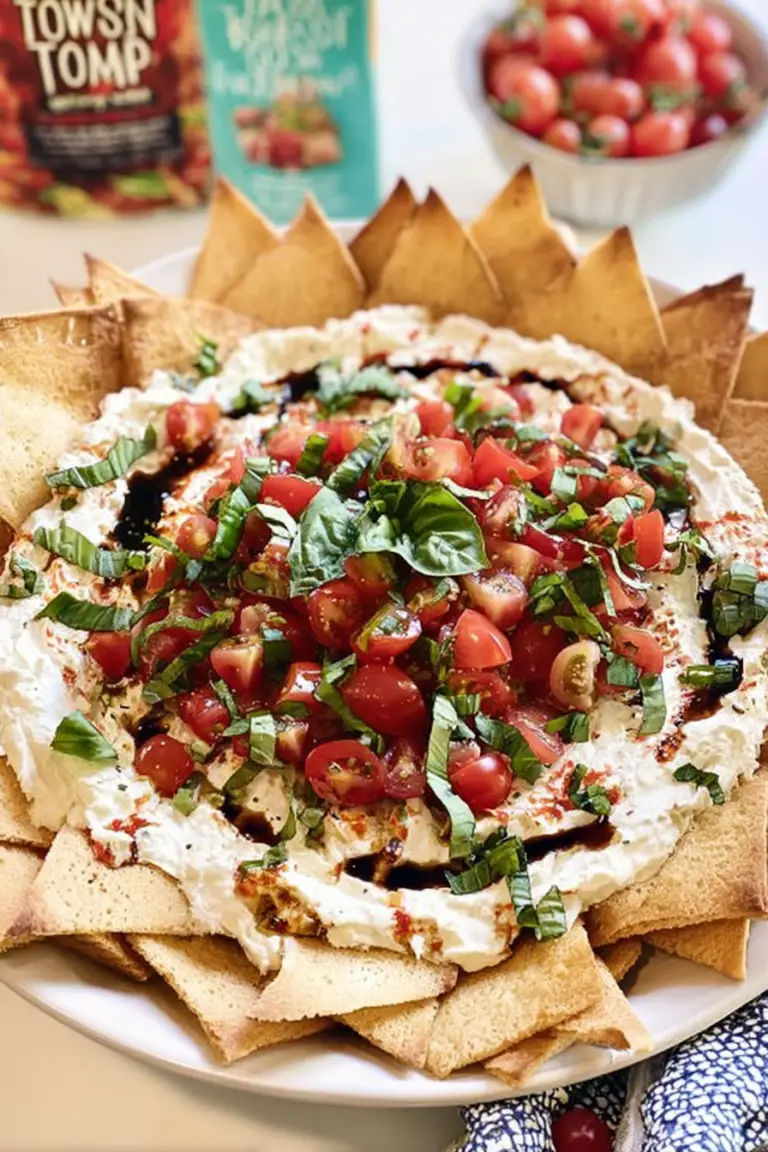 Bruschetta dip spread with soft cheese, fresh tomatoes, and basil on a wooden table.