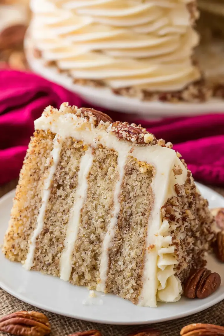 Delicious butter pecan cake with brown sugar frosting and chopped pecans on a rustic wooden table.