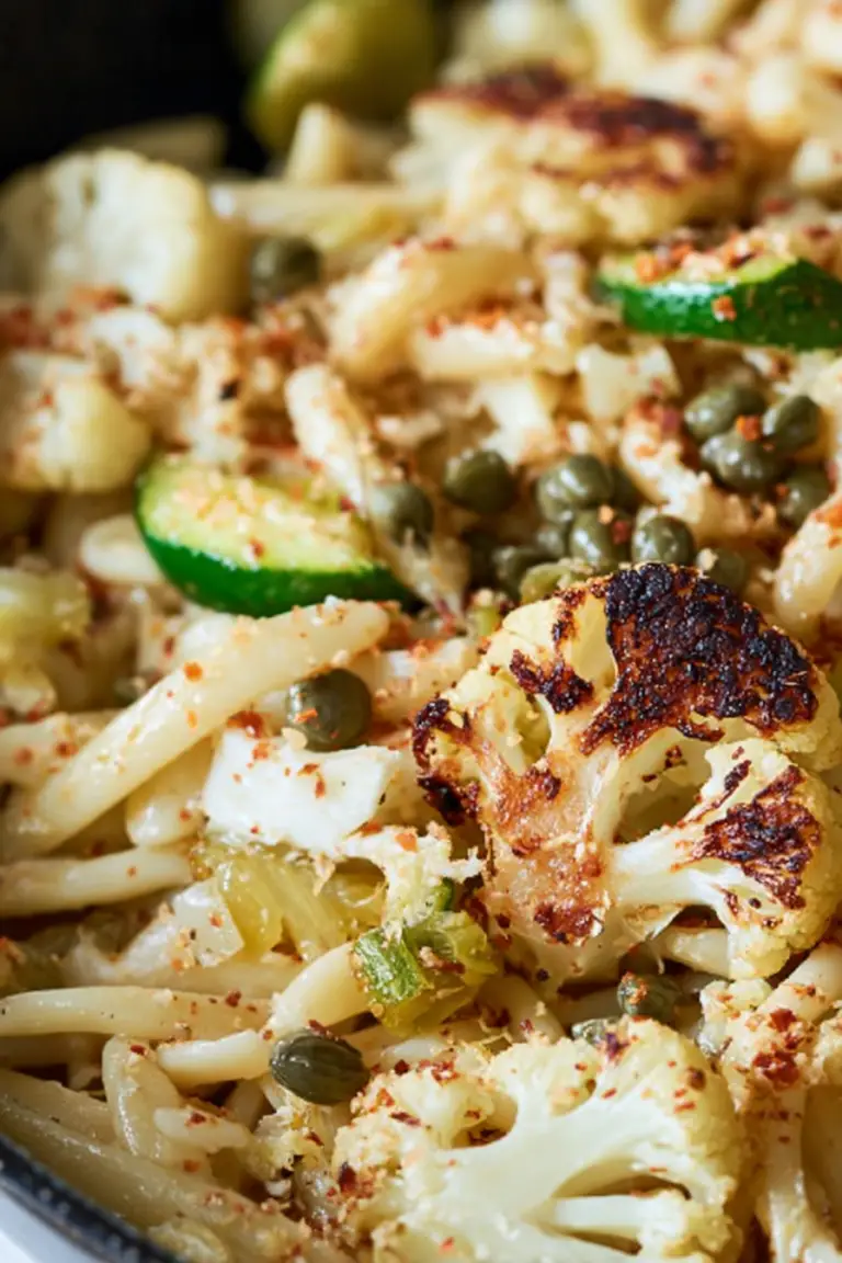Close-up of caramelised cauliflower pasta with caper butter, garnished with mint and pine nuts.