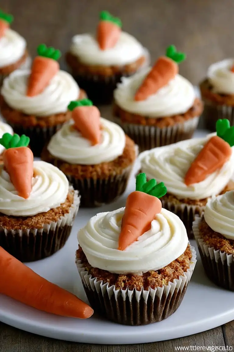 Freshly baked carrot cake cupcakes with cream cheese frosting and candy carrot toppers on a rustic wooden table.