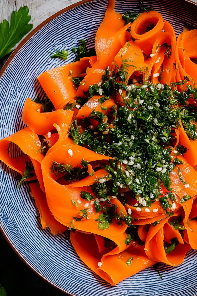 A colorful carrot ribbon salad with a zesty lemon dressing and fresh herb garnish.