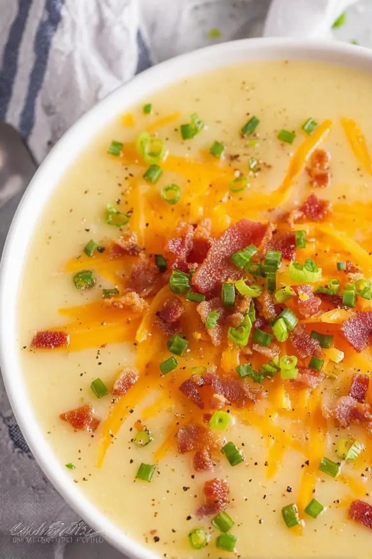 Delicious cheddar cheese potato soup garnished with bacon and chives, served in a bowl with fresh potatoes and garlic nearby.