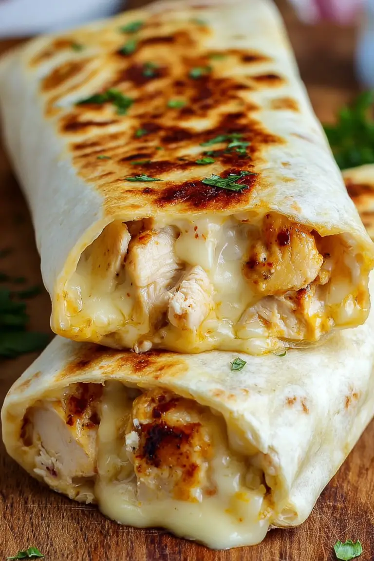 Cheesy garlic chicken wrap sliced in half, with gooey cheese and chicken filling, garnished with parsley.