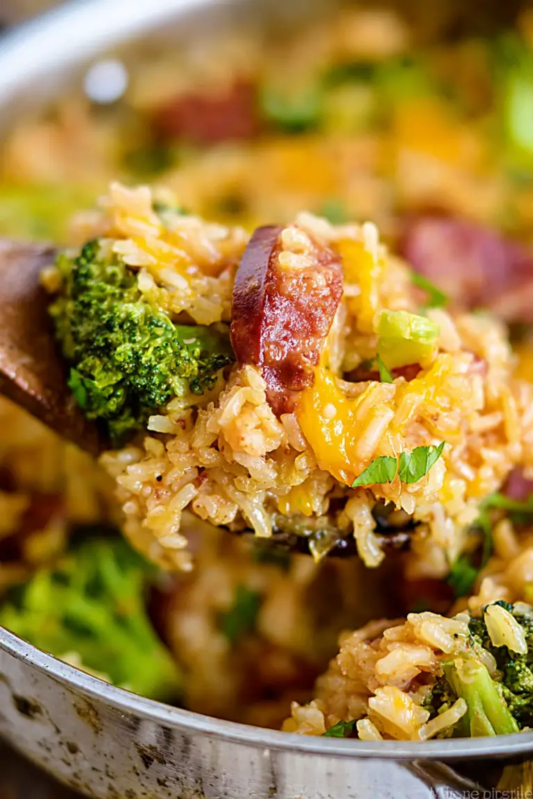 Close-up of Cheesy Kielbasa Rice and Broccoli Skillet with melted cheese, kielbasa slices, and broccoli florets.