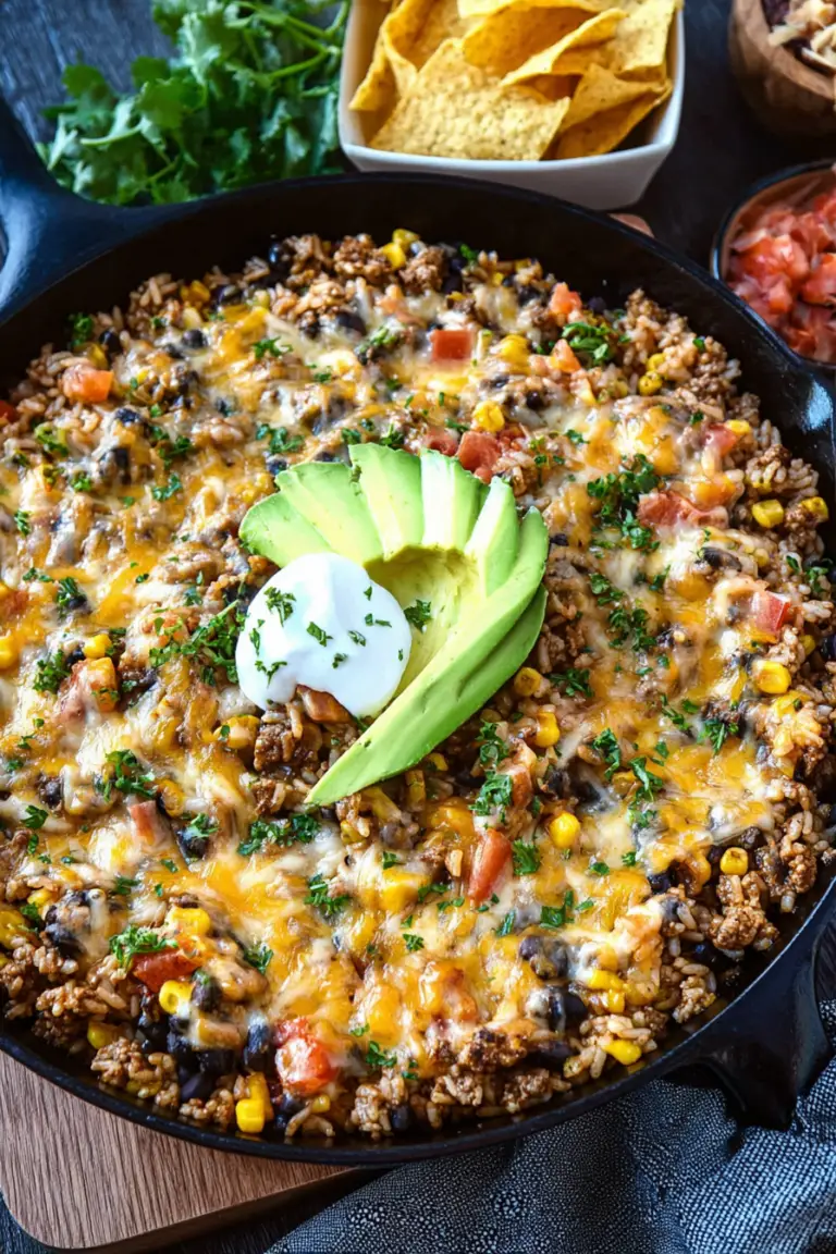 Cheesy taco rice skillet with garnishes of cilantro, avocado, and tortilla chips on a wooden table.