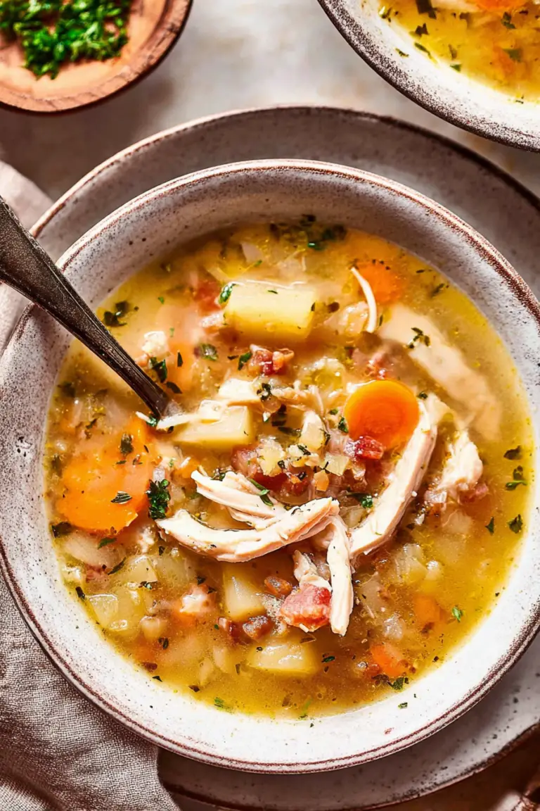 Delicious chicken potato soup garnished with parsley in a bowl with rustic bread on the side.