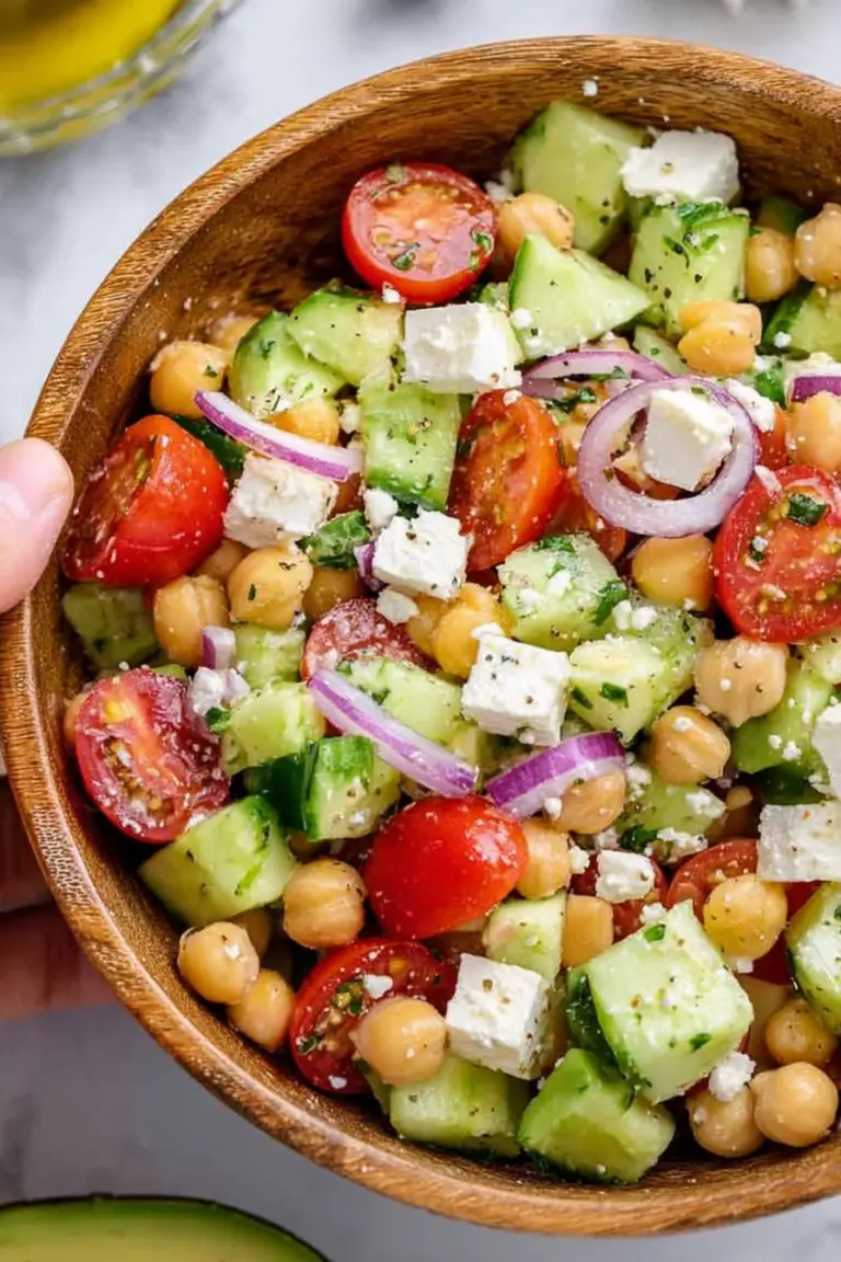 Delicious chickpea feta salad with avocado, cherry tomatoes, and cucumbers in a colorful bowl.
