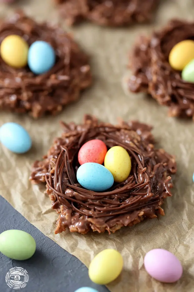 Delicious chocolate Easter bird's nest cookies topped with colorful mini eggs on a decorative plate.