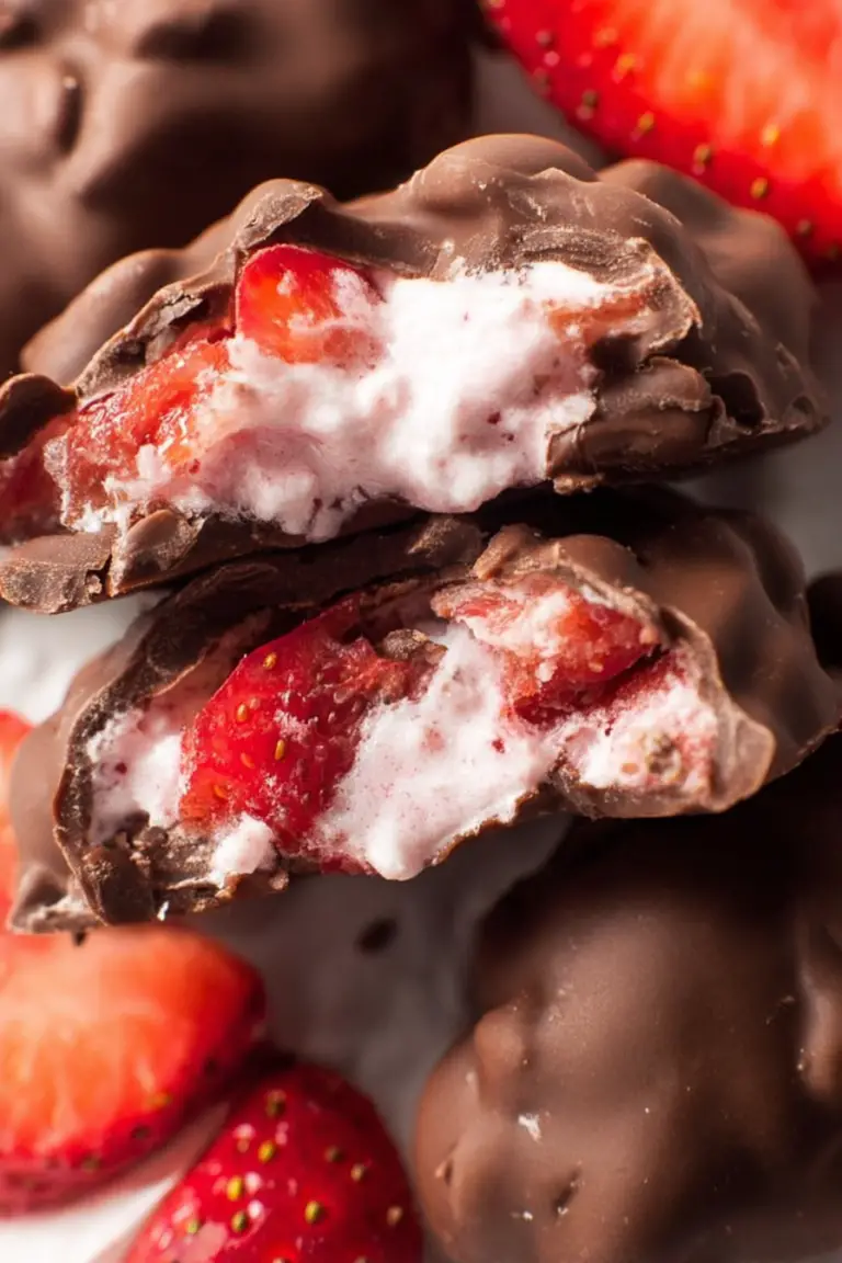 Delicious chocolate strawberry yogurt clusters with fresh strawberries and chocolate drizzle, perfect for a healthy dessert.