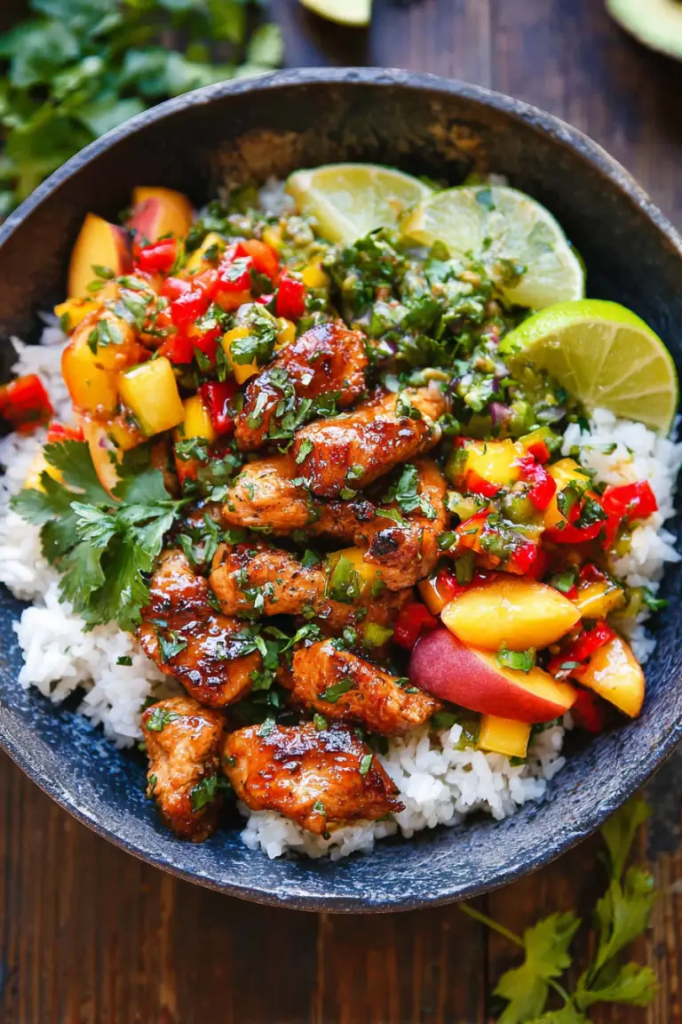 Cilantro-lime chicken bowl with peach salsa on a rustic table