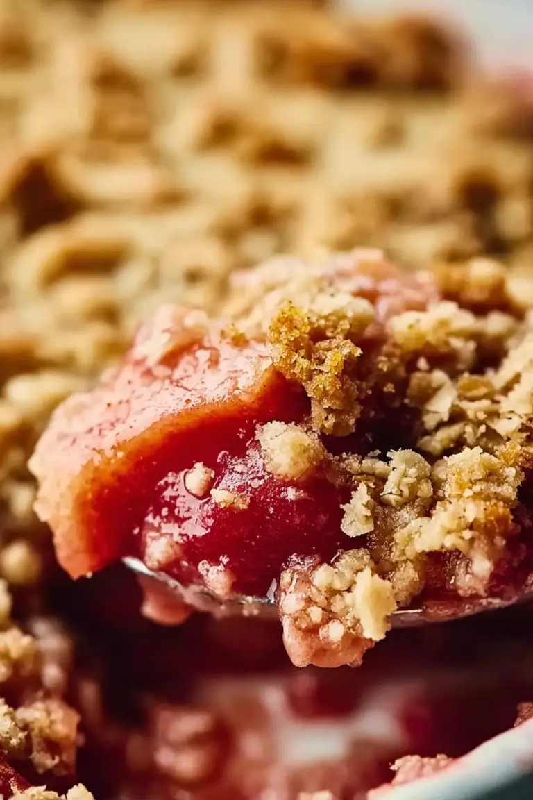 Delicious classic rhubarb crisp served in a rustic bowl with vanilla ice cream and fresh mint.