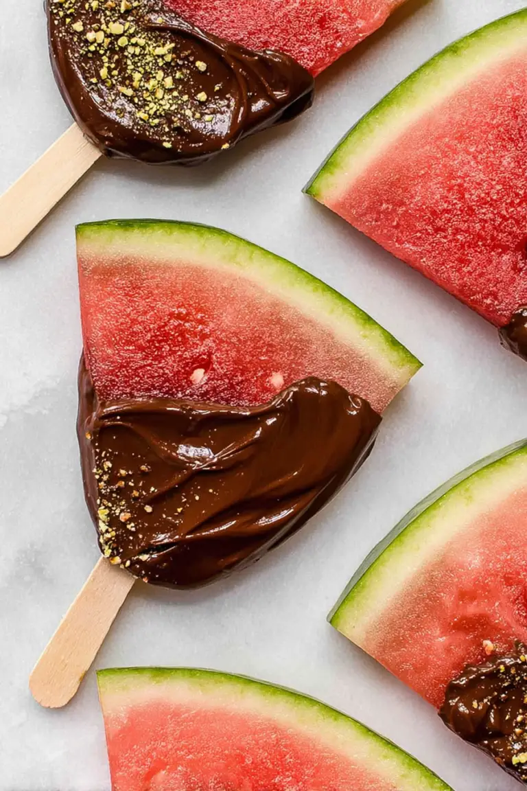 Close-up of dark chocolate dipped watermelon slice with sea salt and chopped pistachios.