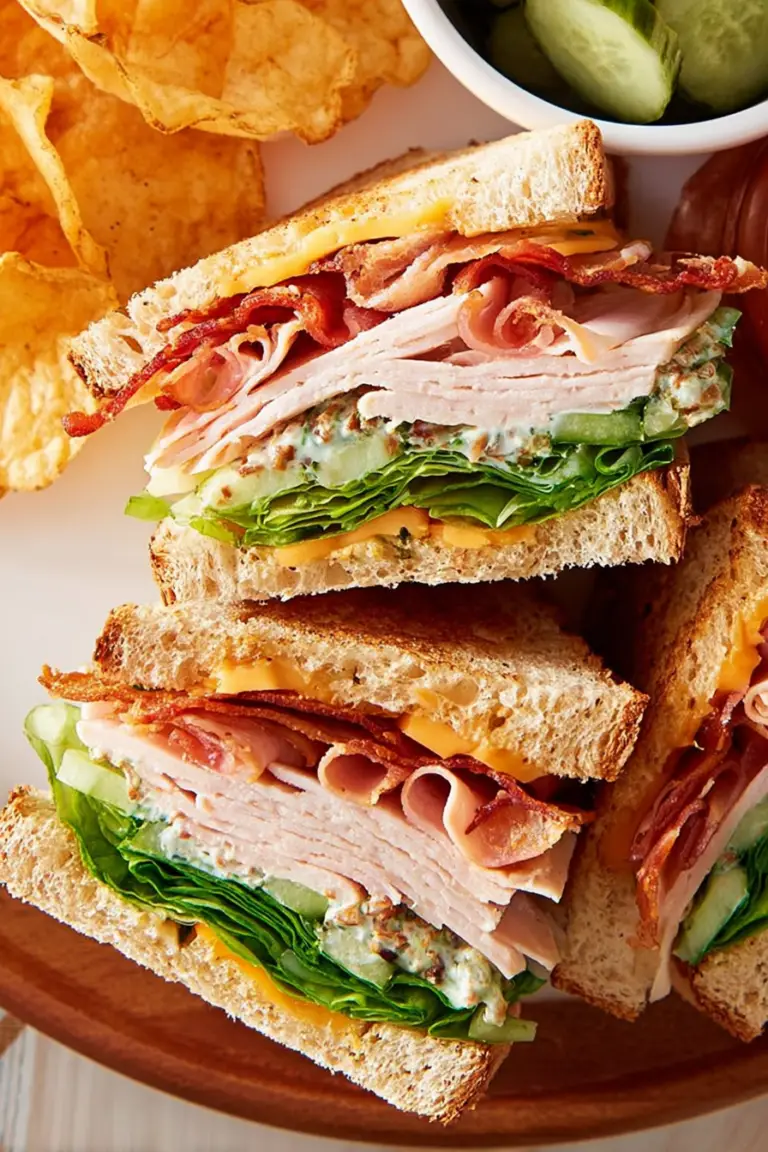 Delicious homemade club sandwich with layers of turkey, ham, cheddar cheese, lettuce, and fresh tomato, served with fries.