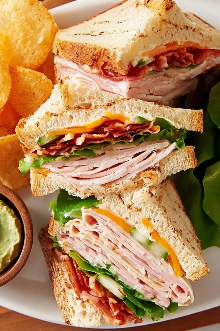 Delicious club sandwich with turkey, ham, cheddar cheese, lettuce, and tomato served on a wooden board with fries.