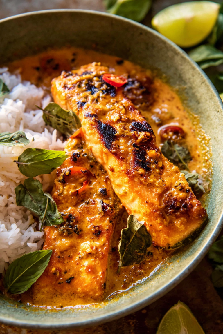 Delicious coconut curry salmon topped with fresh herbs over rice, showcasing the rich flavors of the dish.
