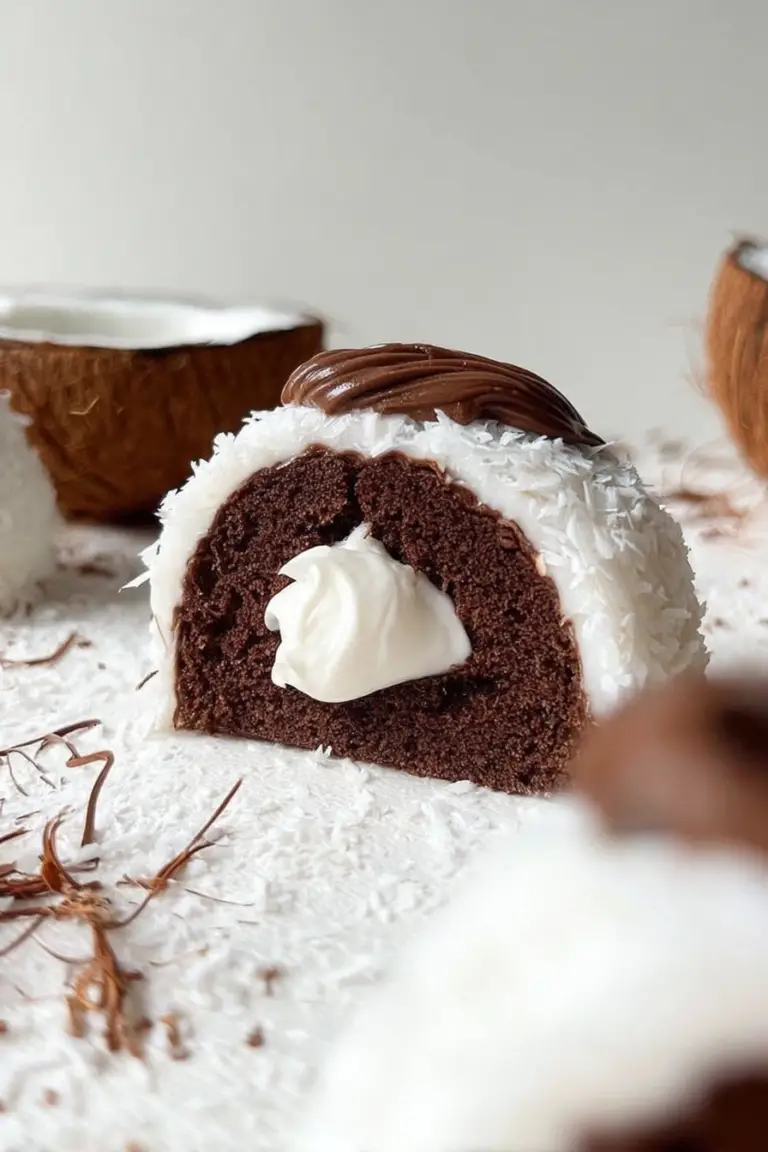 Coconut dome dessert filled with chocolate spread, garnished with grated coconut on a rustic wooden table.