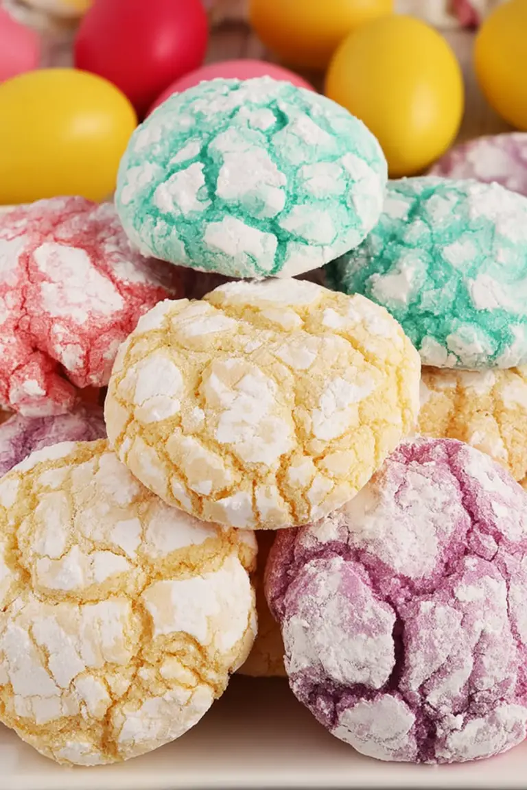 Close-up of lemon crinkle cookies in pastel colors on a white plate, showcasing their crinkled texture and vibrant hues.