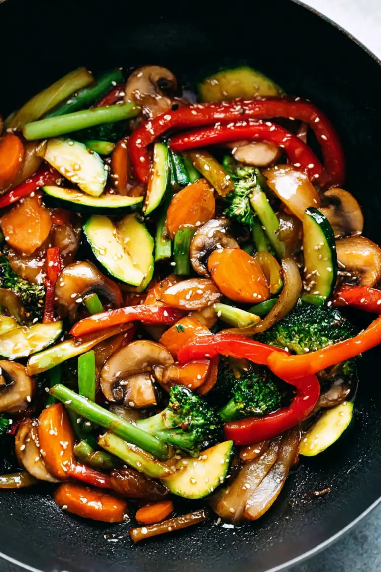 Vibrant vegetable stir fry with bell peppers, sugar snap peas, and broccoli in a skillet.