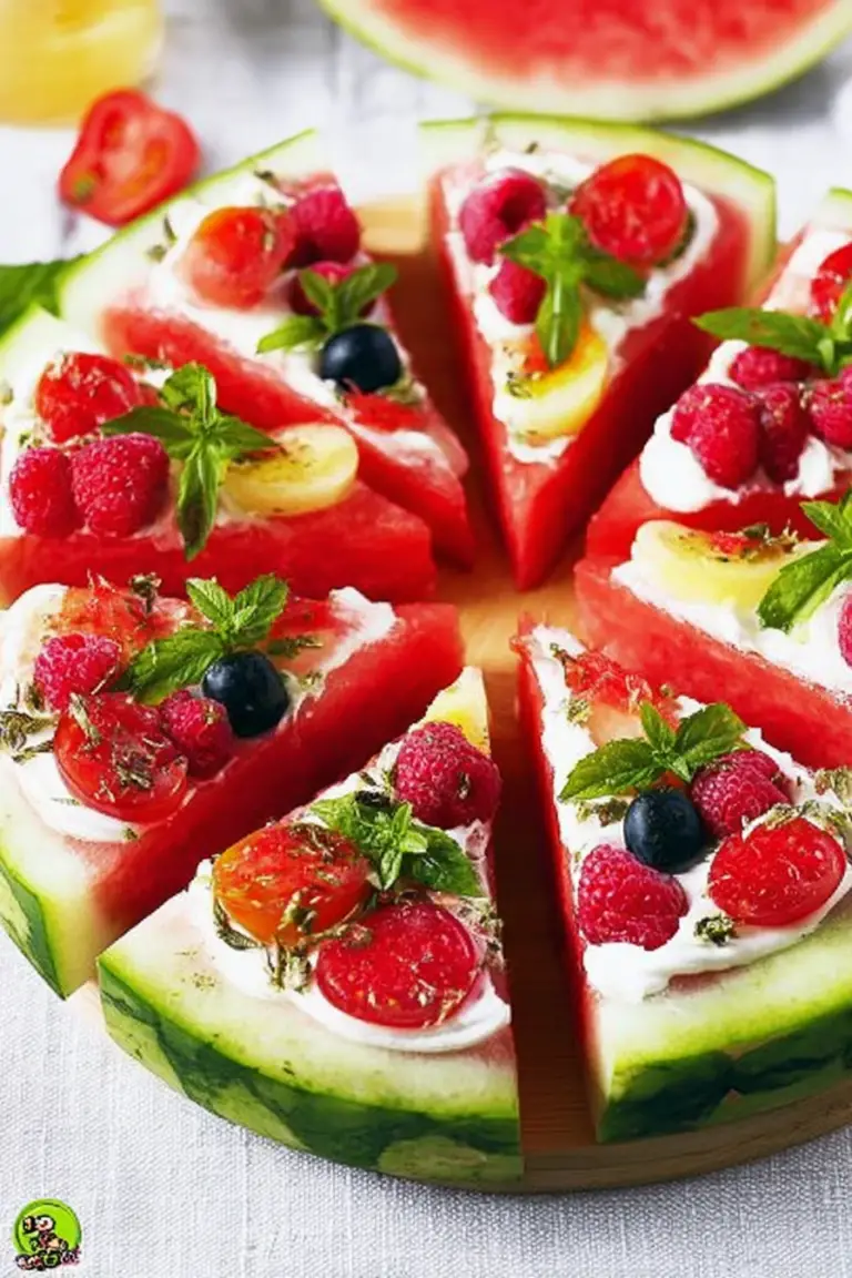 Colorful watermelon pizza topped with strawberries, blueberries, kiwi, and cream cheese frosting.
