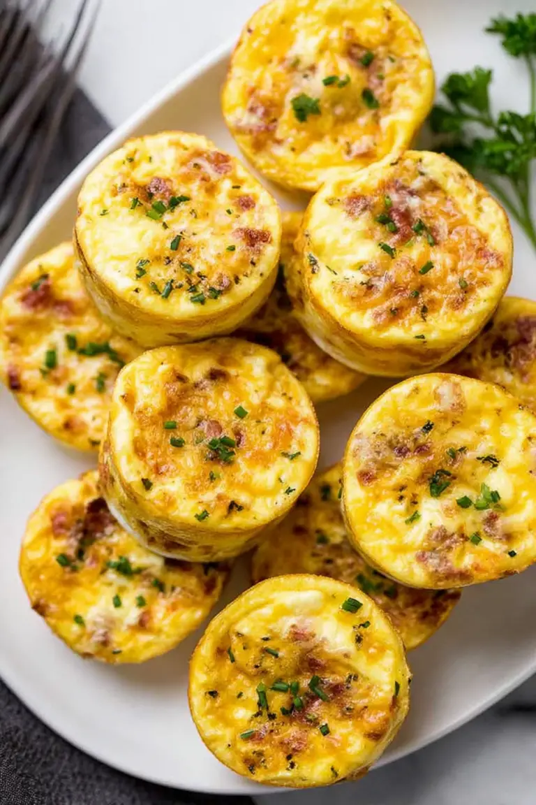 Fluffy cottage cheese egg bites in a muffin tin, garnished with herbs and bacon.