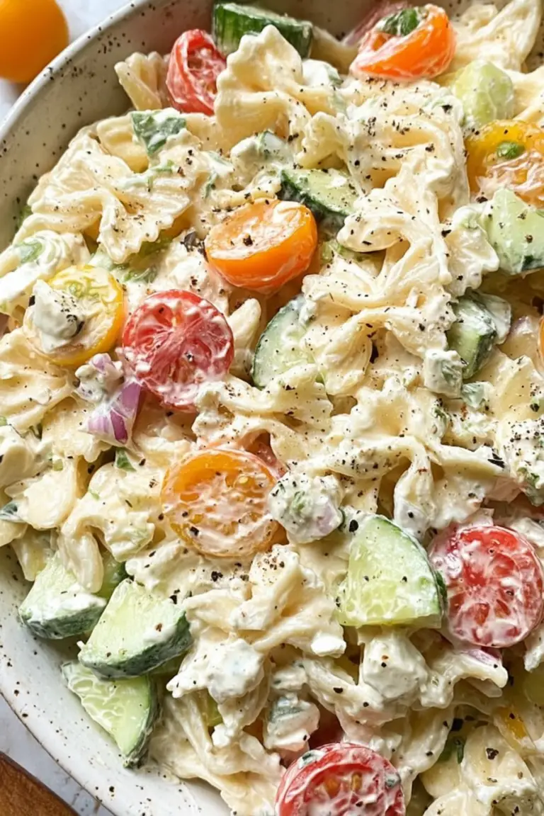 Colorful cottage cheese pasta salad served in a bowl with fresh vegetables and a lemon wedge, perfect for summer gatherings.