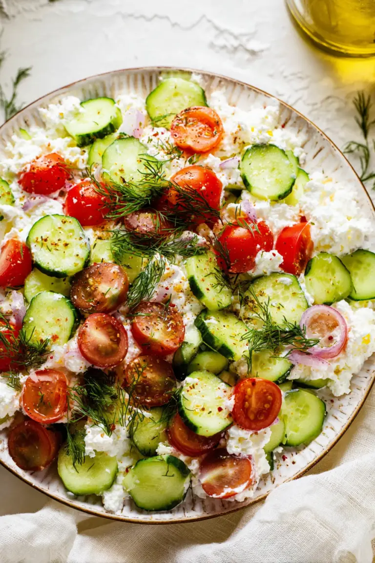 A colorful cottage cheese salad featuring cucumbers, cherry tomatoes, and herbs in a rustic bowl.