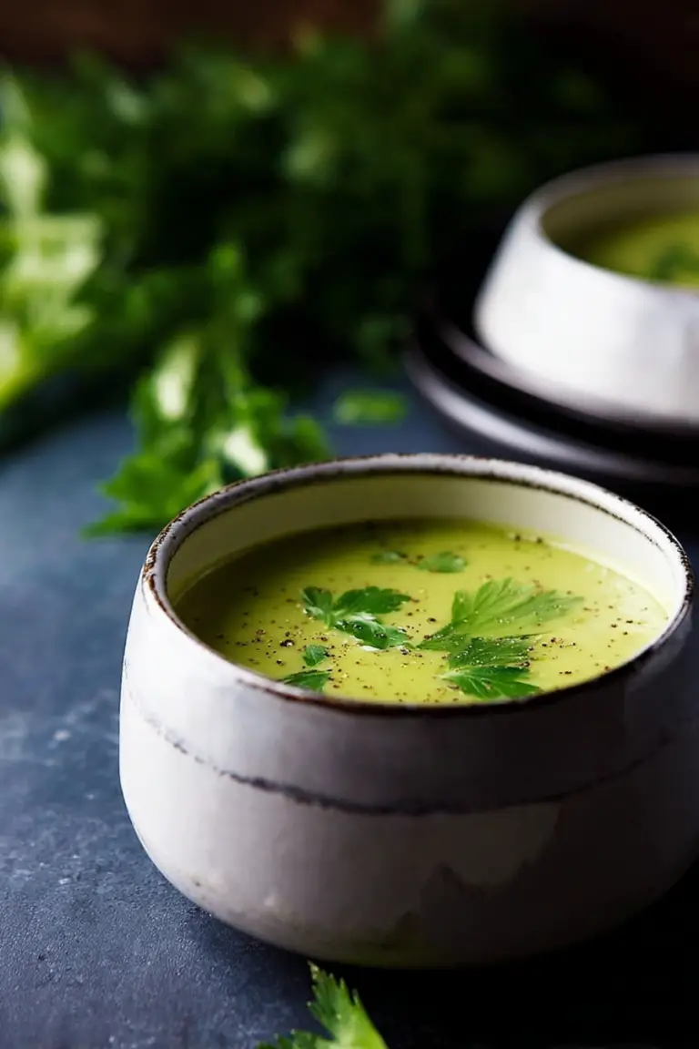 A comforting bowl of cream of celery soup garnished with crispy celery leaves and hemp seeds on a wooden table
