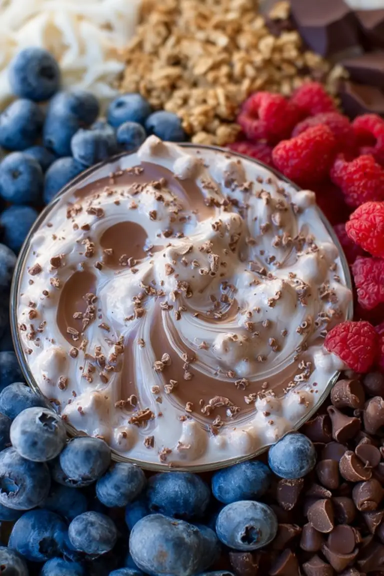 Delicious chocolate protein fluff topped with fresh berries and chocolate chips in a bowl.