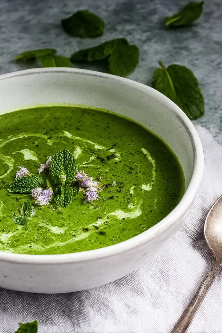 Creamy spinach soup with mint garnished with fresh mint leaves and coconut milk, served in a bowl with bread on the side.
