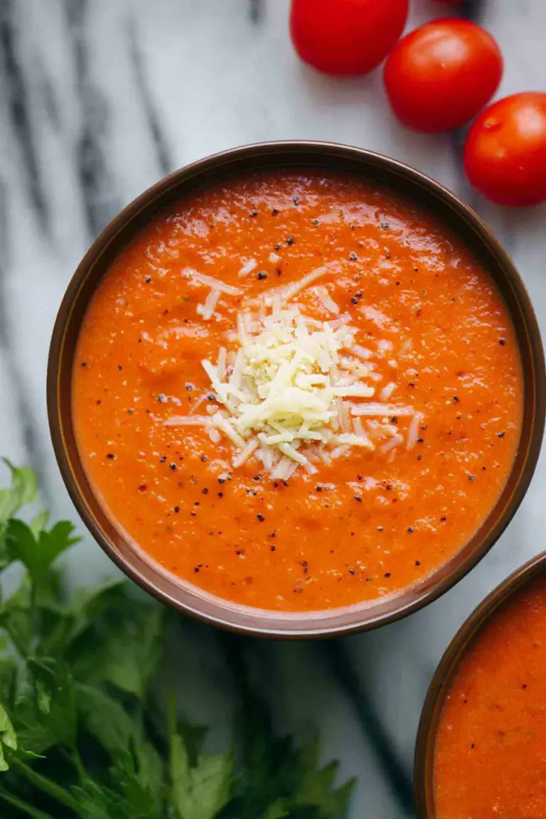 Creamy tomato soup in a bowl garnished with basil and cream, showcasing fresh ingredients.