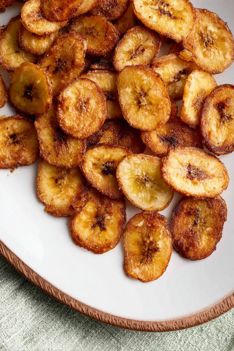 Bowl of crispy air fryer banana chips sprinkled with cinnamon, highlighting their golden color and texture.