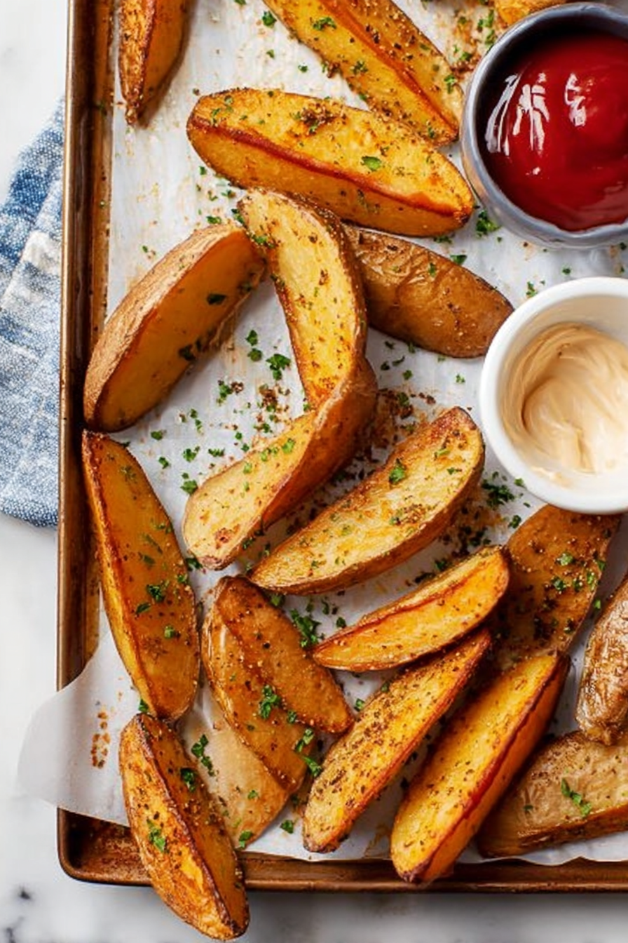 Crispy baked potato wedges garnished with parsley and Parmesan cheese served with dipping sauce.