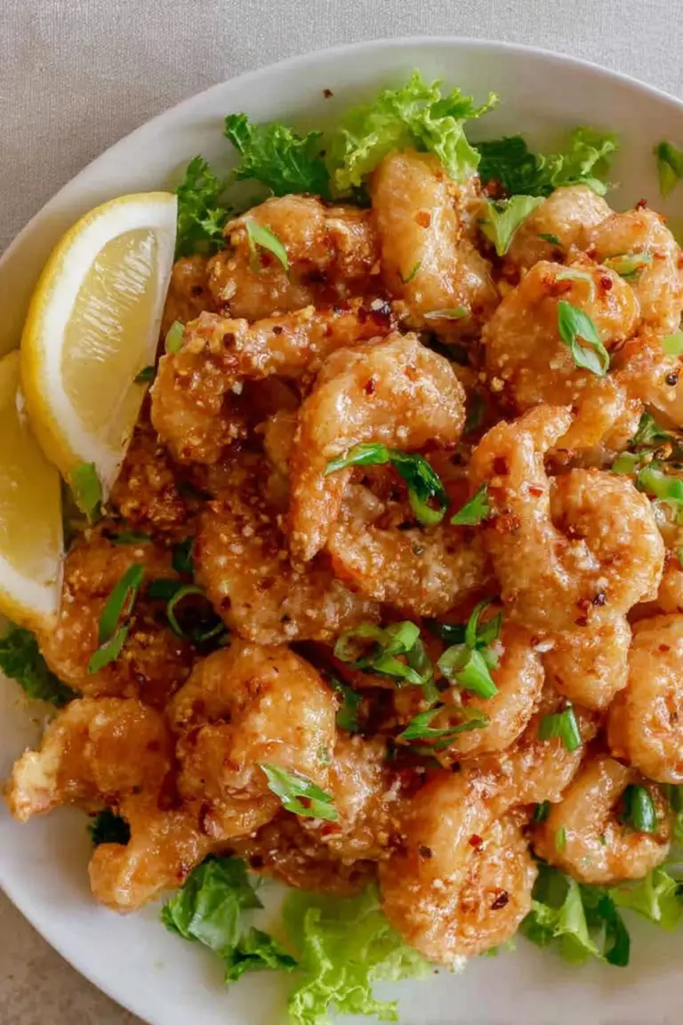 Crispy bang bang shrimp garnished with green onions and sesame seeds, served on a wooden platter.