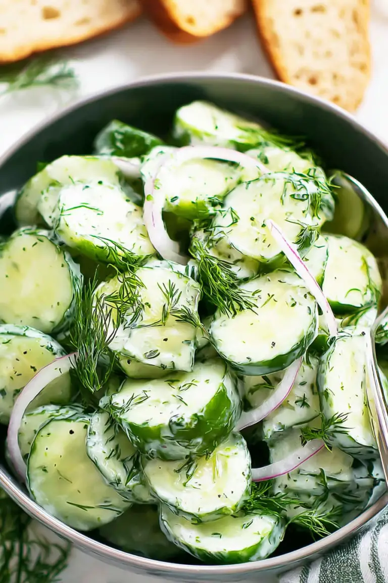 Cucumber dill salad served in a bowl with fresh dill on top, showcasing the vibrant colors of cucumbers and red onions.