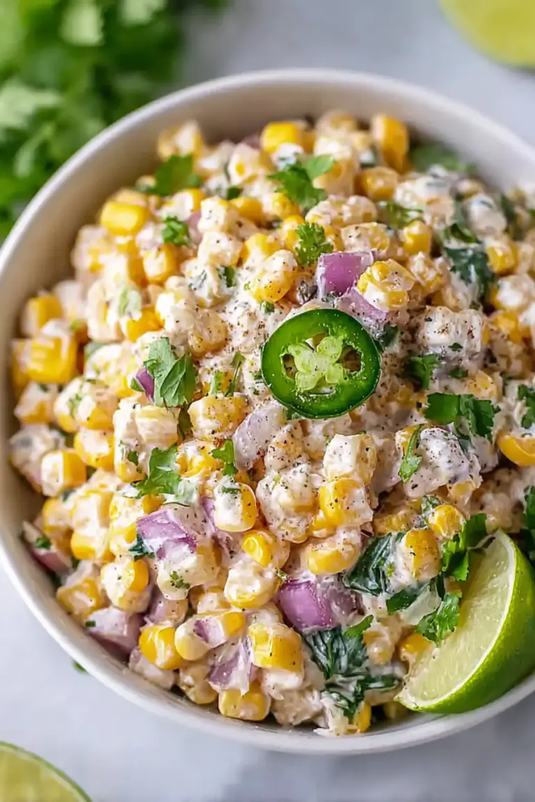 Delicious street corn salad in a bowl, topped with cotija cheese and cilantro, showcasing colorful ingredients.