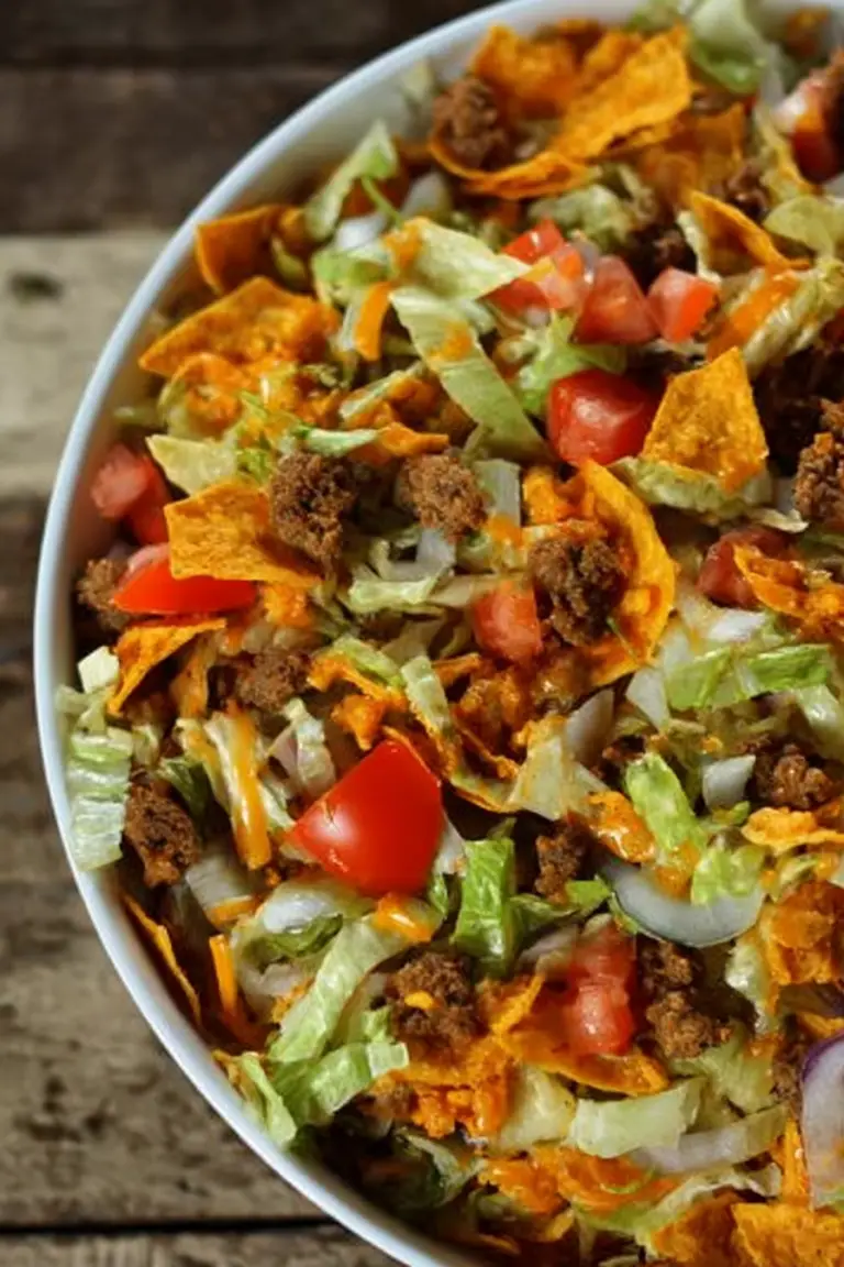 A colorful Doritos Taco Salad featuring ground beef, lettuce, tomatoes, cheese, and Doritos in a clear bowl.