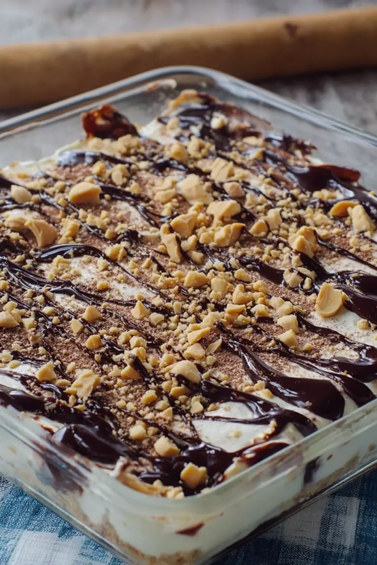 Slice of Drumstick Dessert with chocolate syrup and chopped peanuts on a rustic plate.