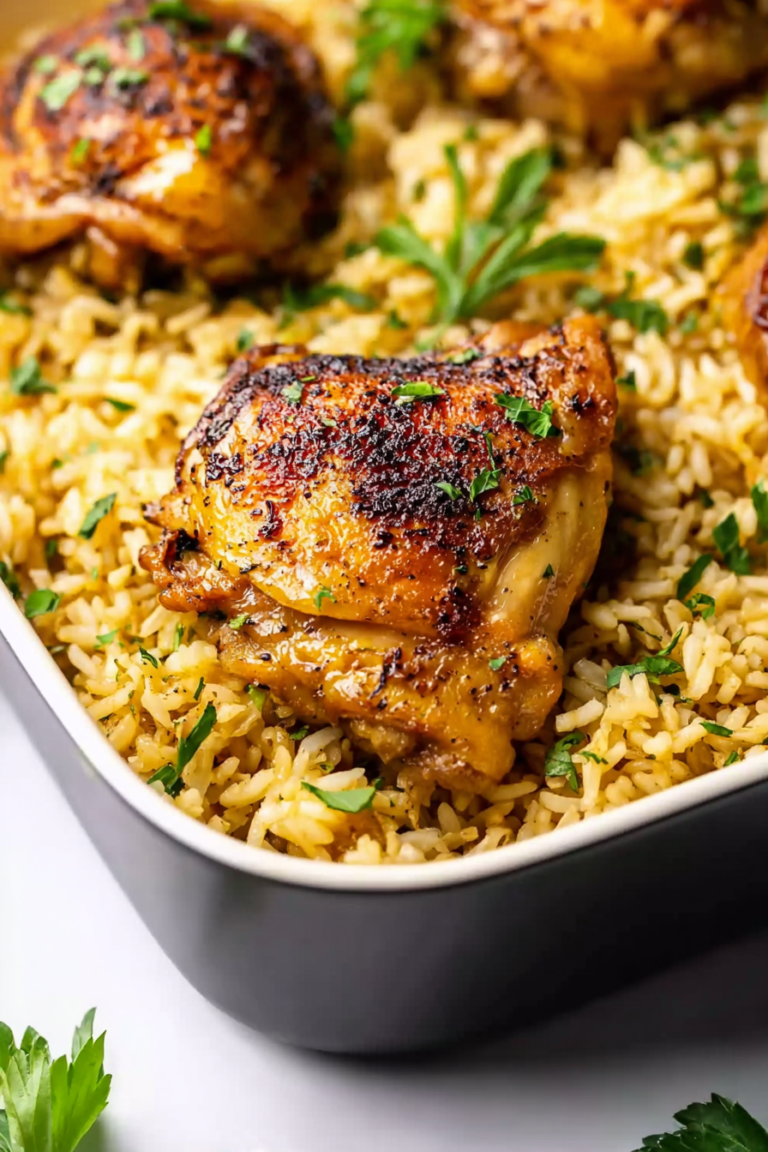 Close-up of easy chicken thigh served over rice with herbs
