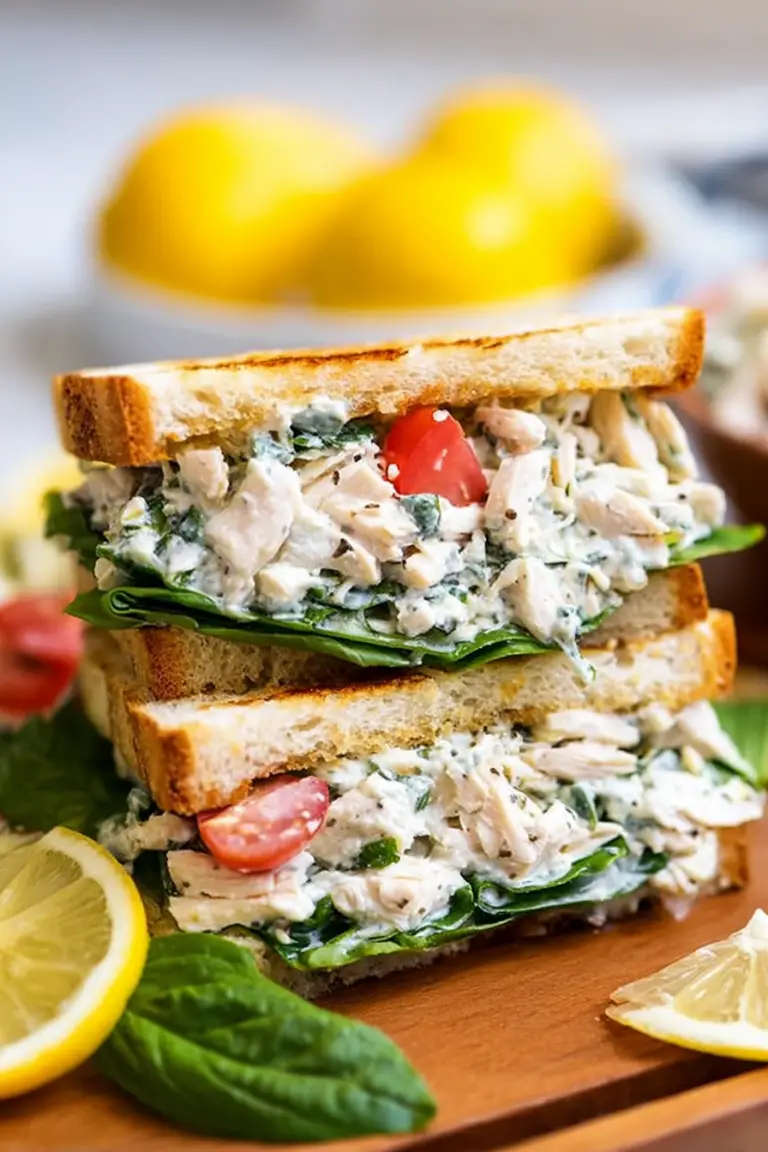 Bowl of easy lemon basil chicken salad with fresh basil and lemon wedges, showcasing a healthy meal option.
