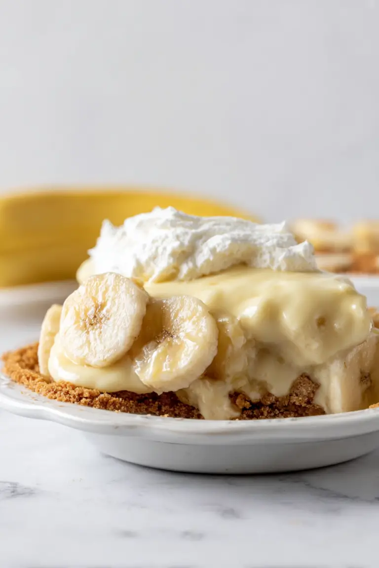 Slice of easy no-bake banana pudding pie with creamy filling and banana slices garnish on a decorative plate.
