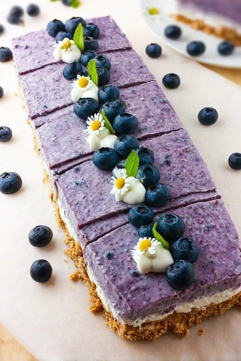 Slice of easy no bake blueberry cheesecake with fresh blueberries and mint garnish on a white plate, highlighting its creamy texture.