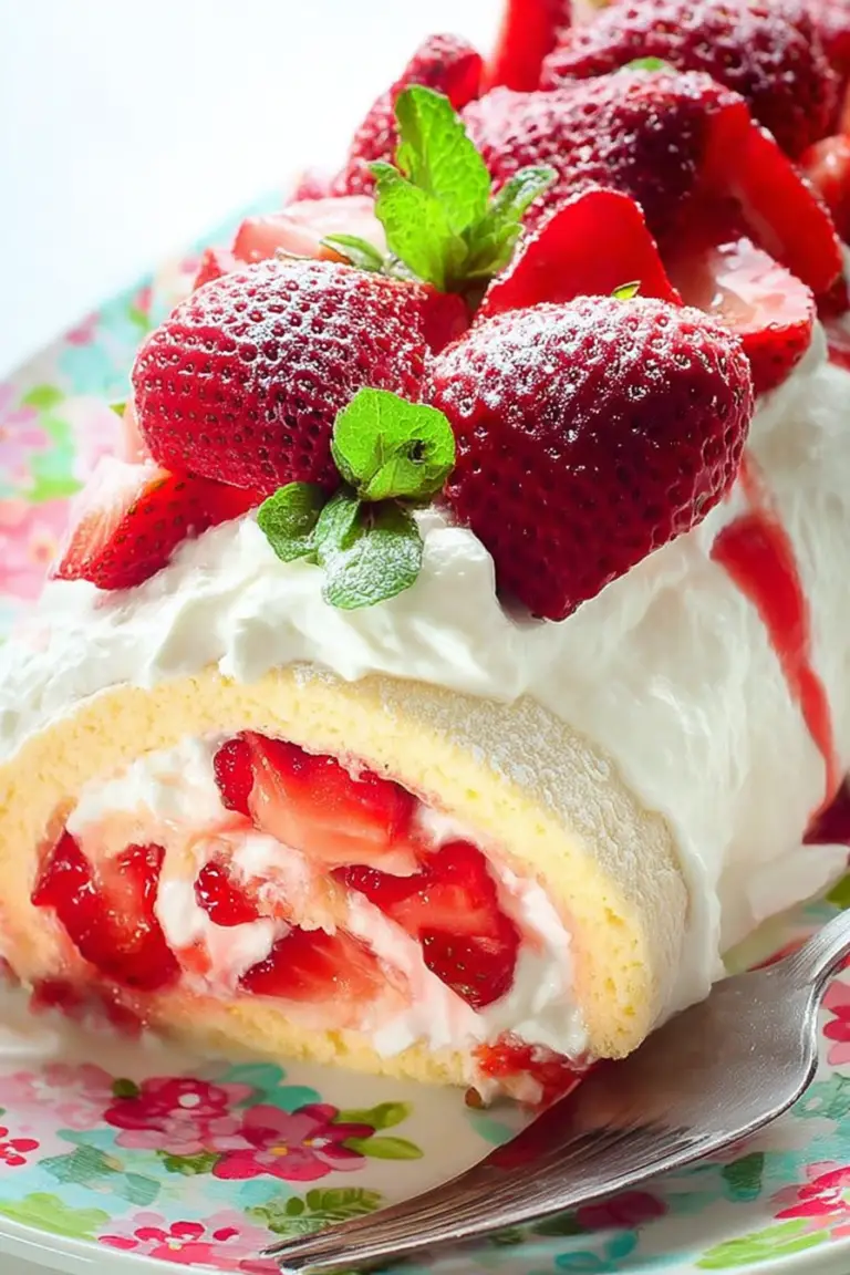 Slice of Easy Strawberry Cake Roll with fresh strawberries on a wooden table