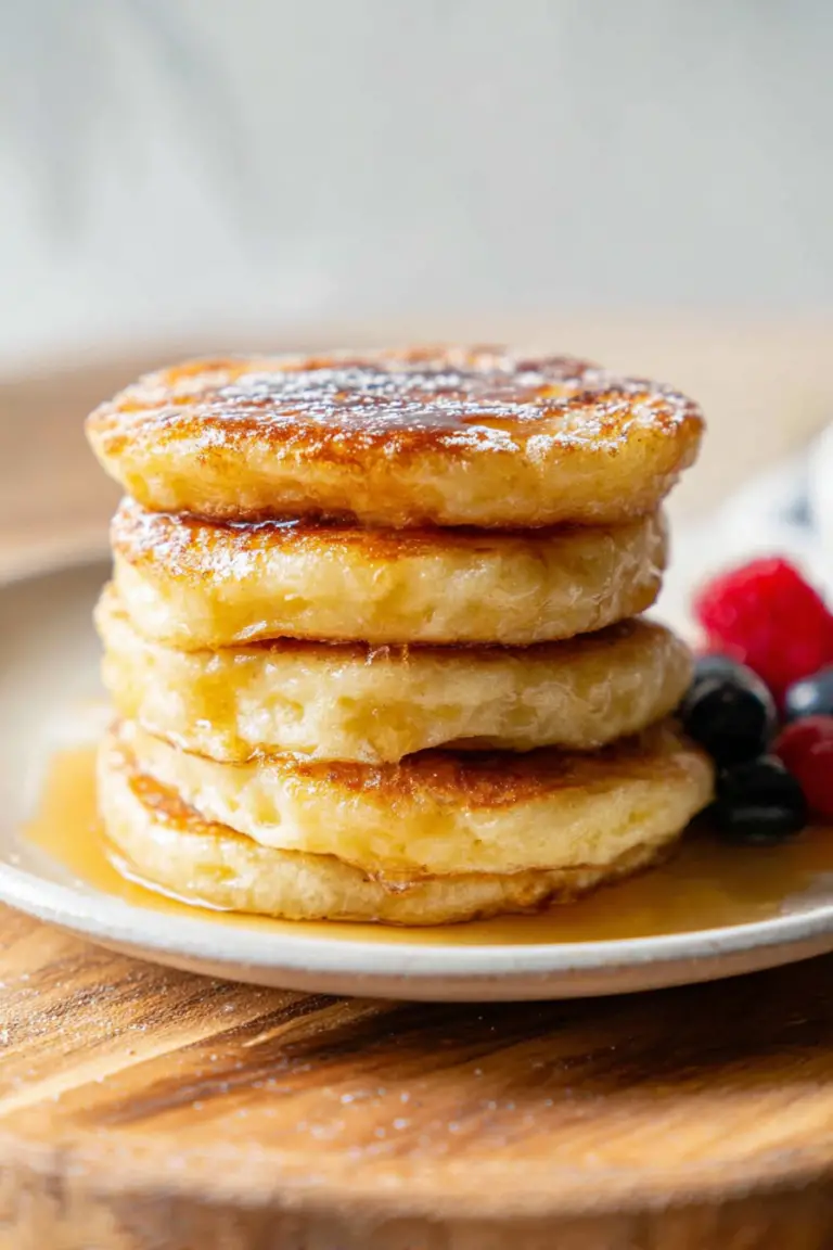 Fluffy cottage cheese pancakes topped with fresh berries and maple syrup on a white plate