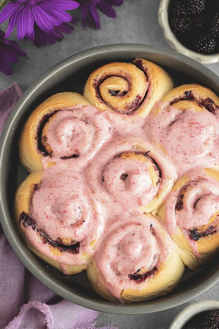 Fluffy magic mulberry sweet rolls with icing and mulberry filling