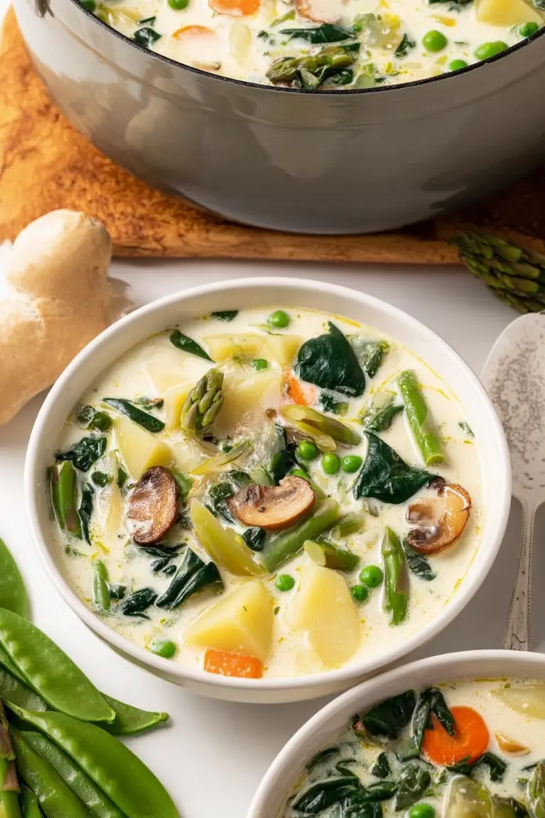 Bowl of creamy French spring soup with asparagus and vegetables, garnished with herbs.