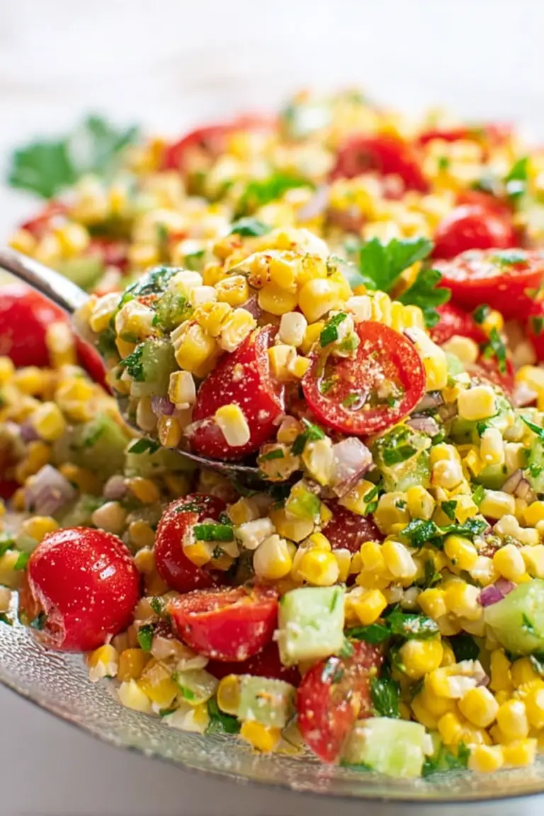 Fresh corn salad with bell peppers, cherry tomatoes, and Cotija cheese in a colorful bowl.