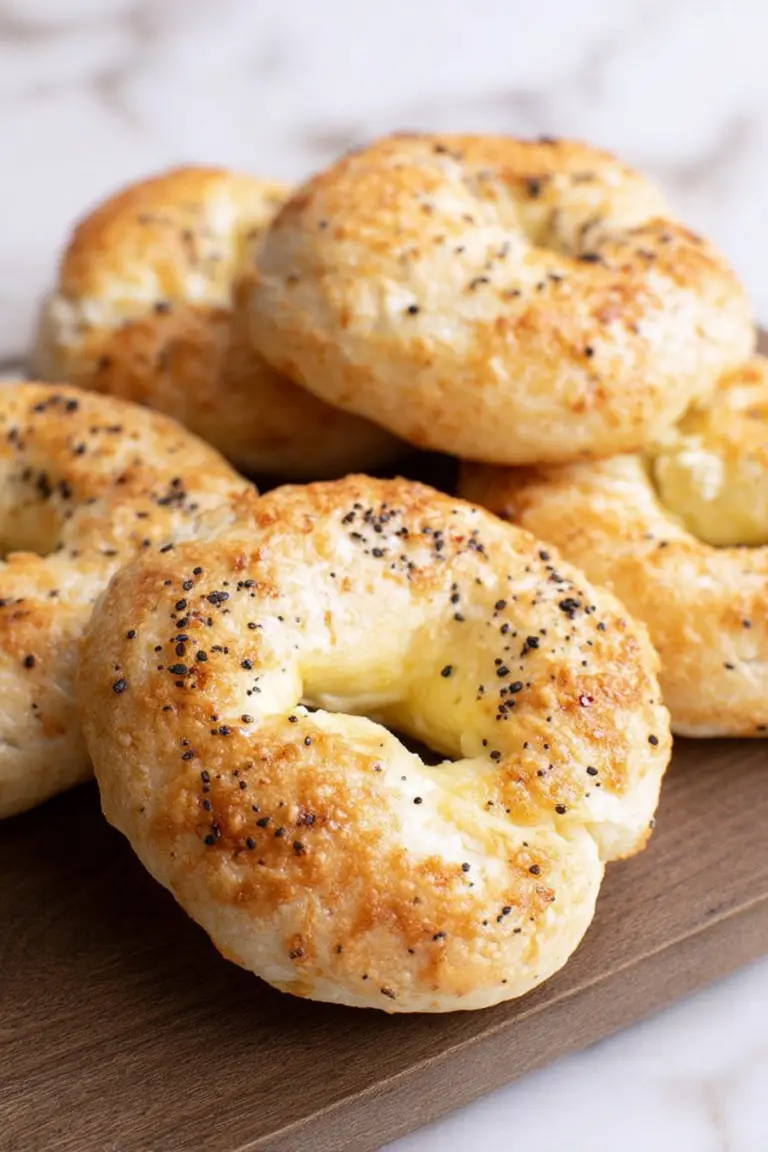Freshly baked cottage cheese bagels topped with everything seasoning served on a wooden board with a cup of coffee.