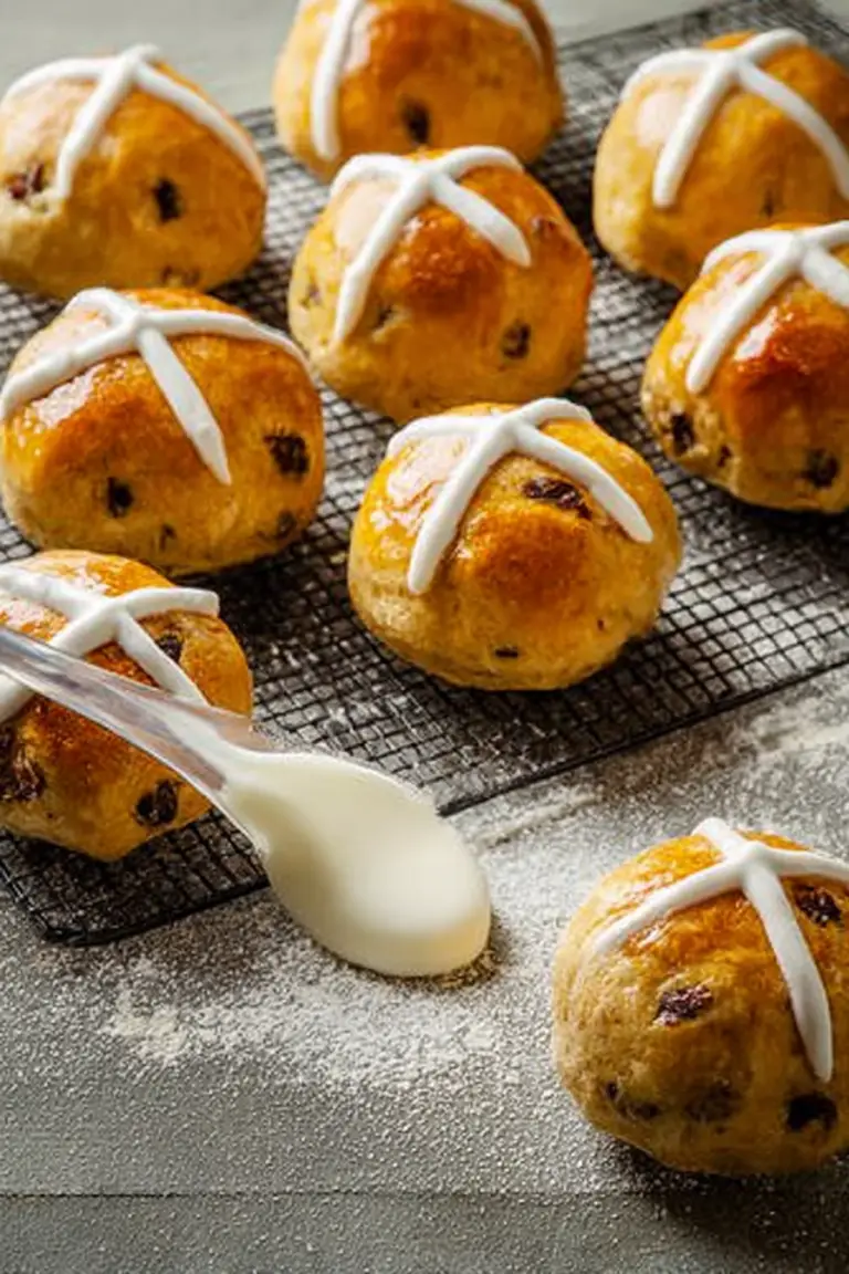 Freshly baked hot cross buns with icing and fruits on a wooden cutting board.